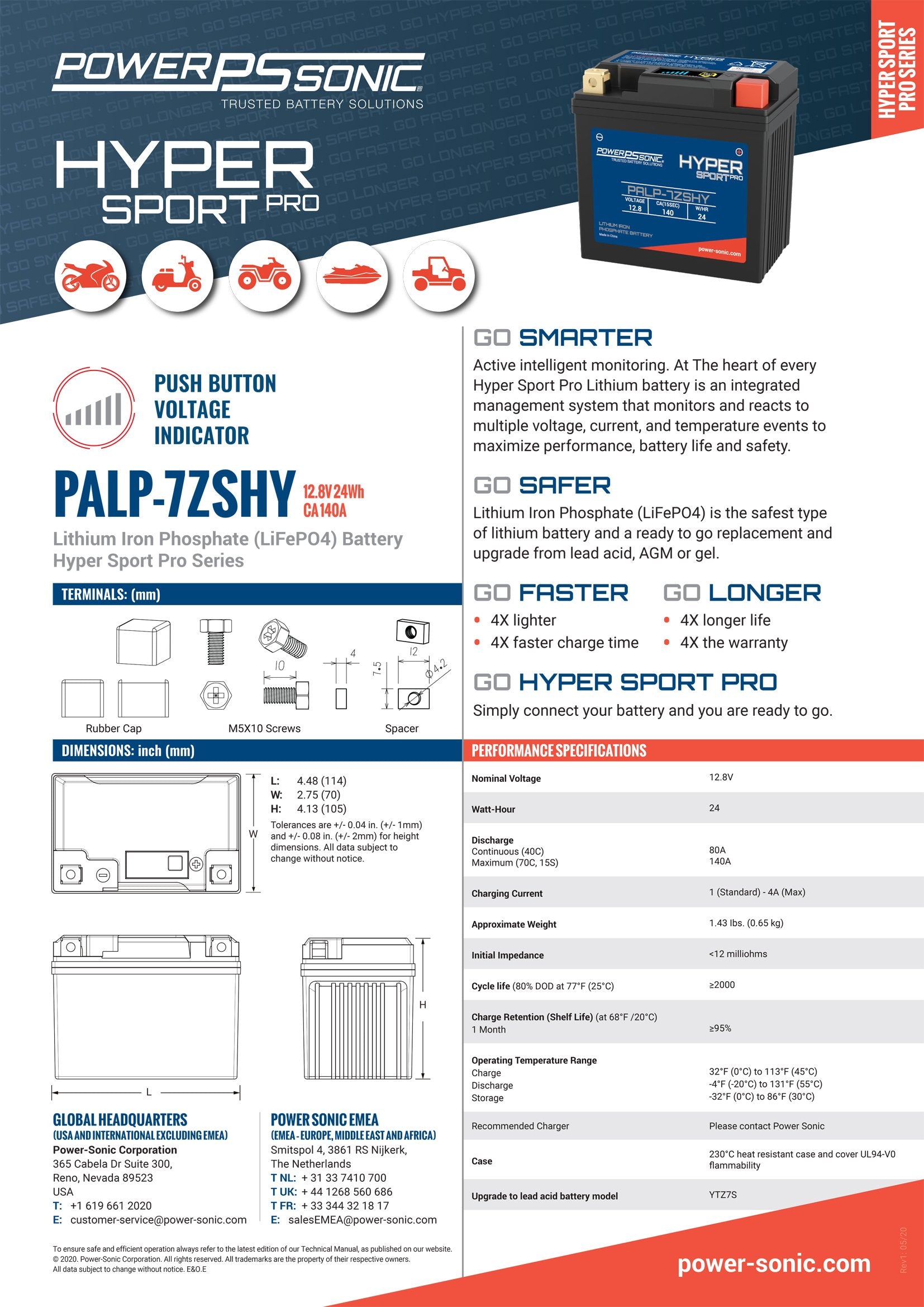 PALP-7ZSHY Hyper Sport Pro 12.8V, 140A LiFePO4 PowerSport Battery