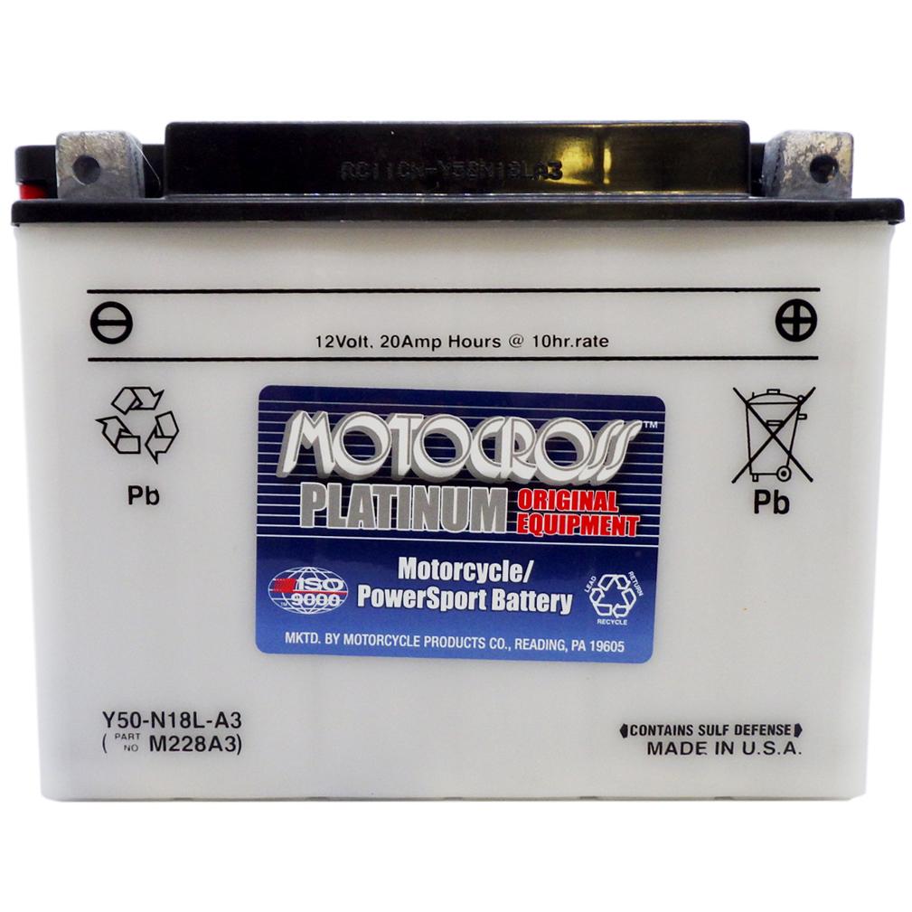 Y50-N18L-A3 High Perf Conv 12V MC Battery, Dry Charged 20 AH, M228A3
