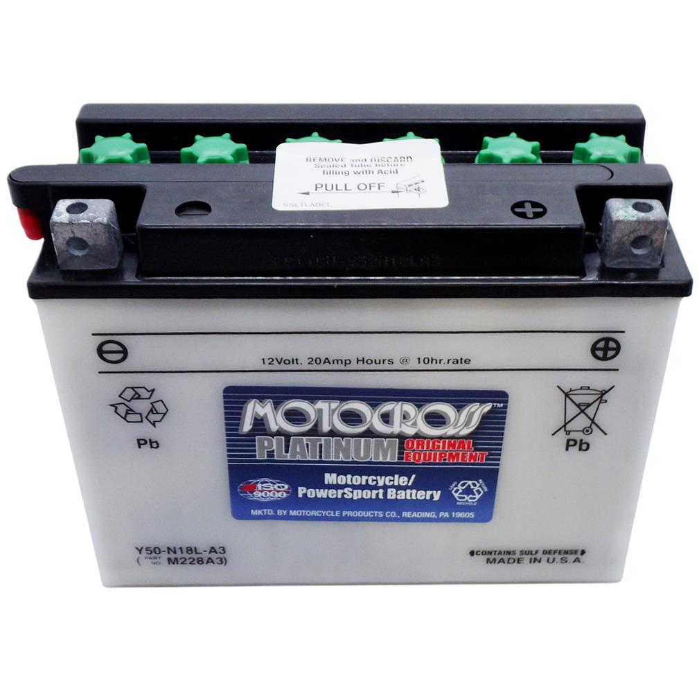 Y50-N18L-A3 High Perf Conv 12V MC Battery, Dry Charged 20 AH, M228A3