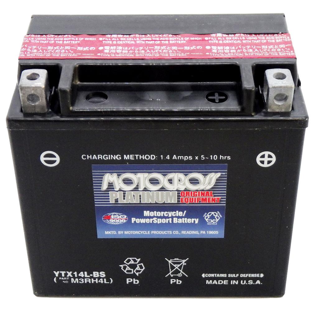 YTX14L-BS 12V AGM MC Battery, Dry Charged w/Acid Pack 12 AH, 200 CCA  M3RH4L