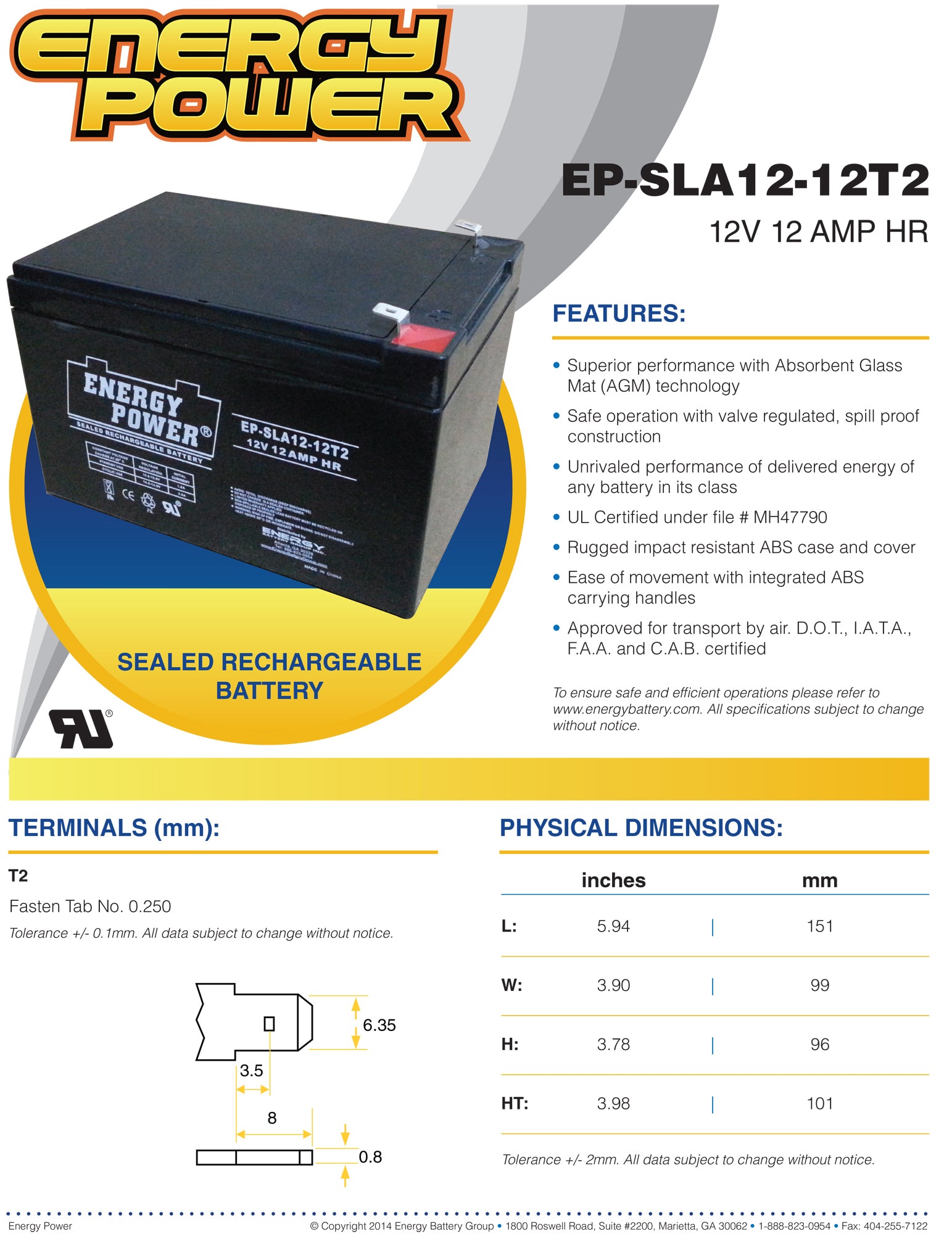 Energy Power 12V, 12AH SLA AGM Battery - T2