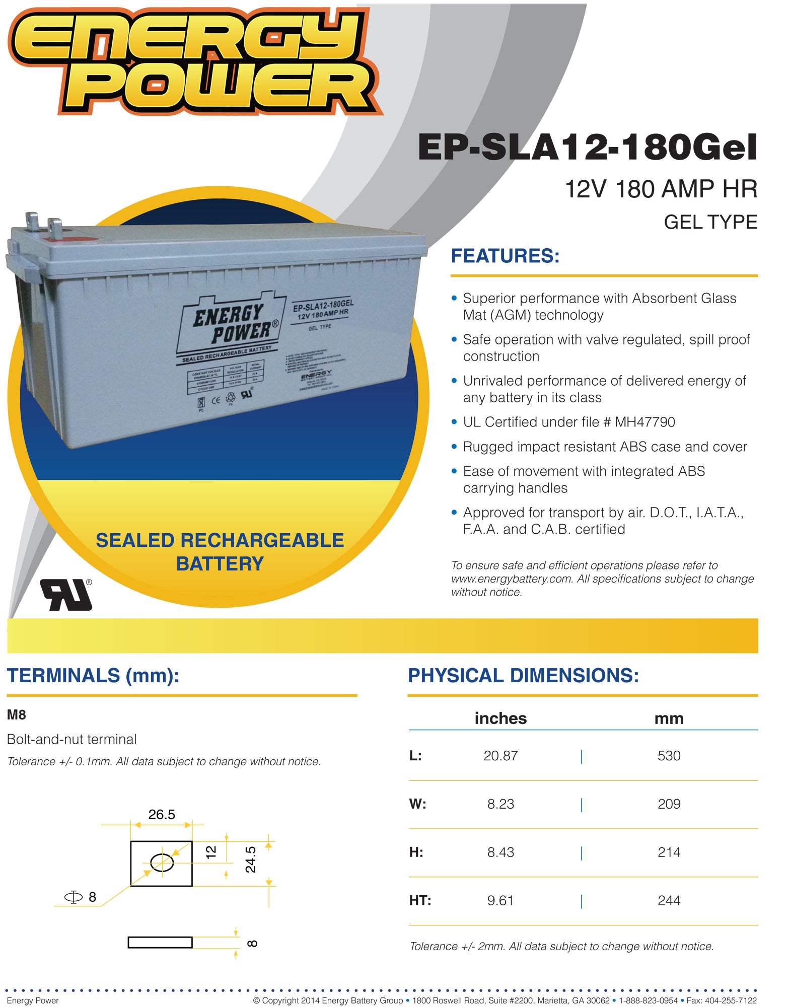 Energy Power 12V, 180AH SLA GEL Battery (4D) - B1 Terminals (M8 Nut & Bolt)