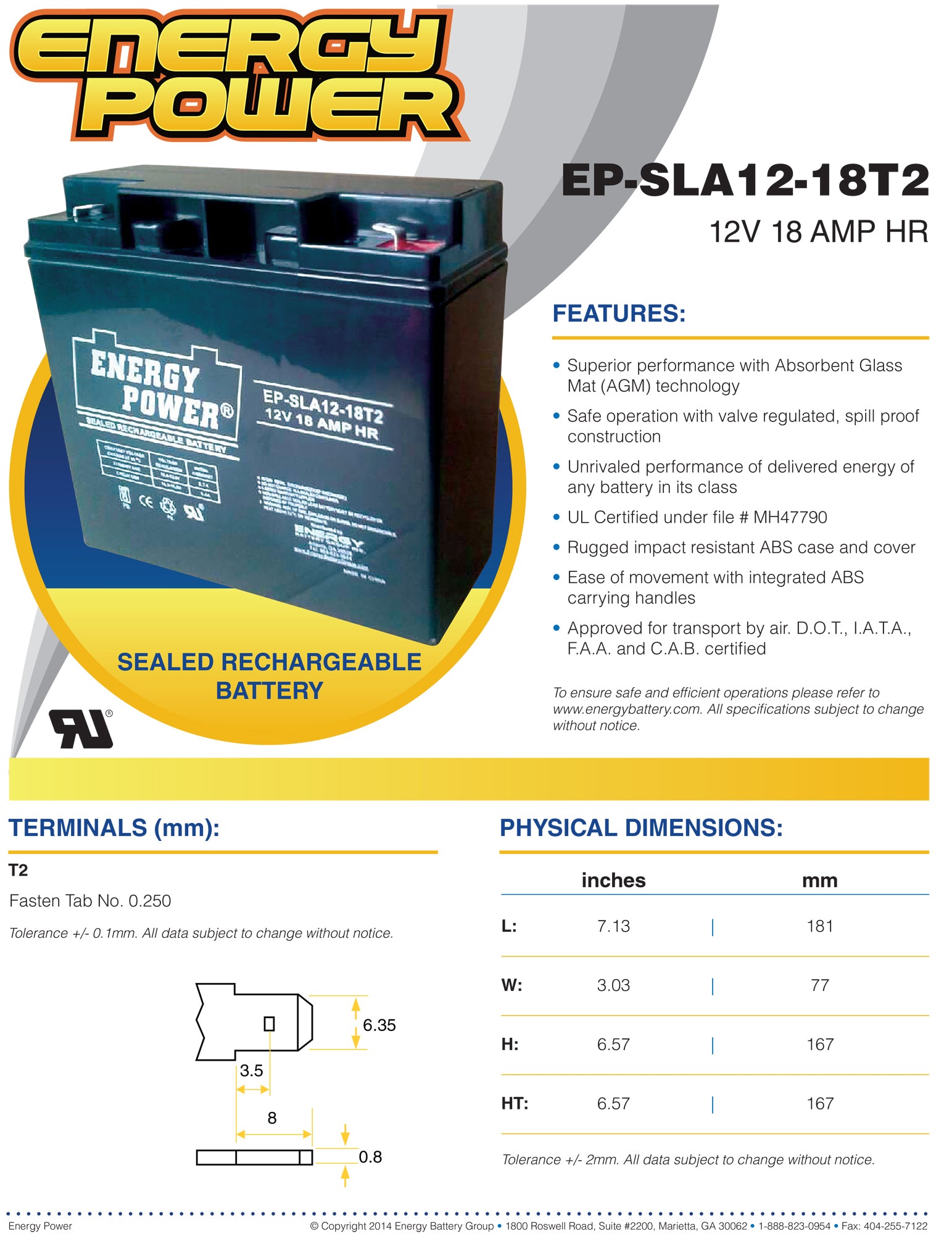 Energy Power 12V, 18AH SLA AGM Battery - T2