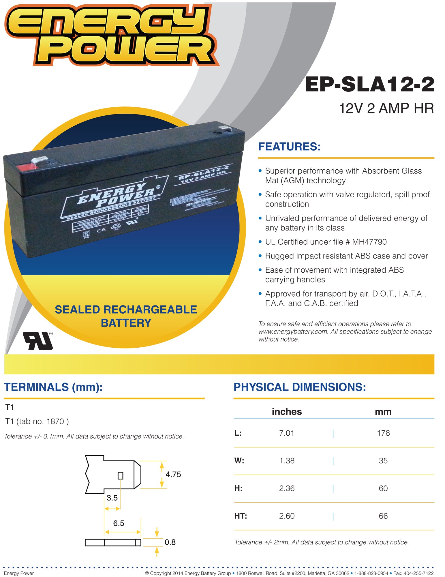 Energy Power 12V, 2.2AH SLA AGM Battery - T1 (Replaced by EP-SLA12-2.2)