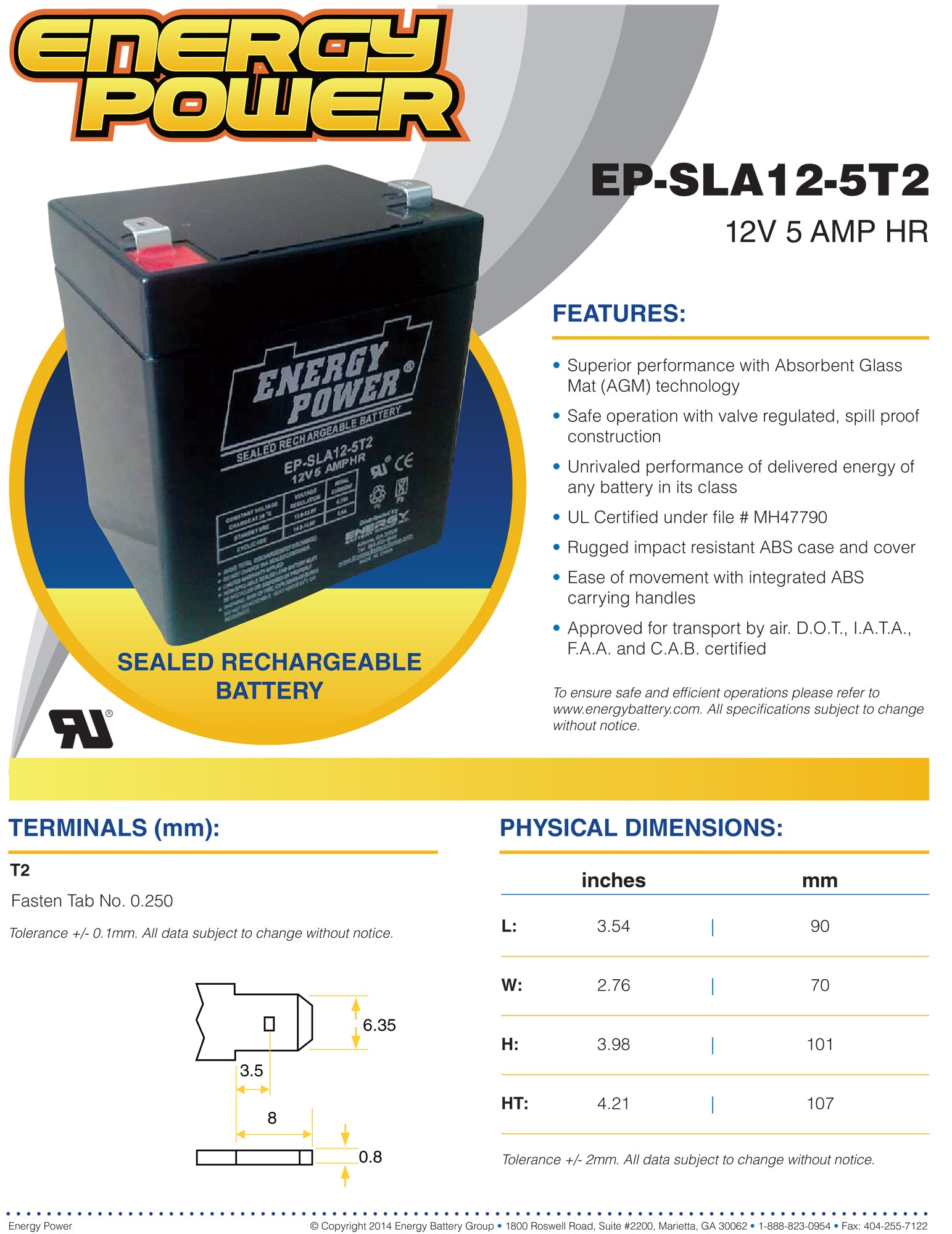 Energy Power 12V, 5AH SLA AGM Battery - T2 Push-on Terminals (.250")