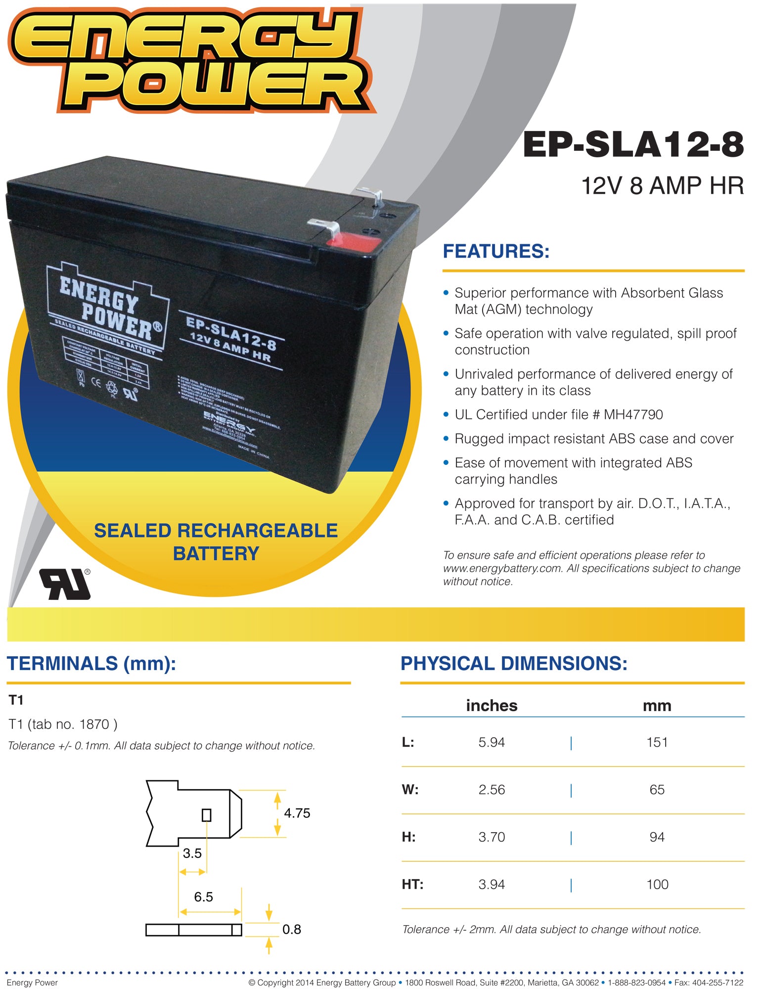 Energy Power 12V, 8AH SLA AGM Battery - T1 Push-on Terminals (.187")