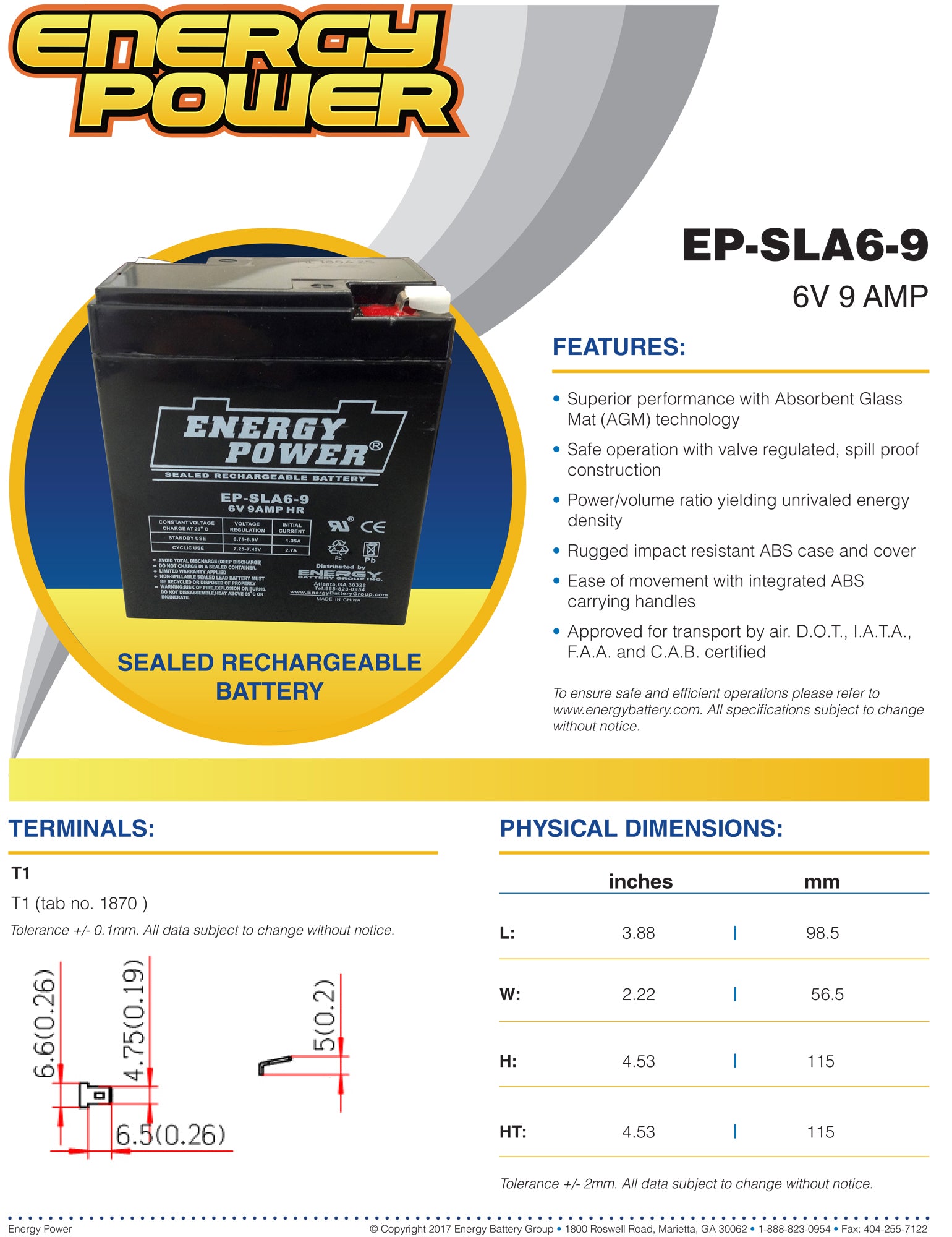 Energy Power 6V, 9AH SLA AGM Battery - T1