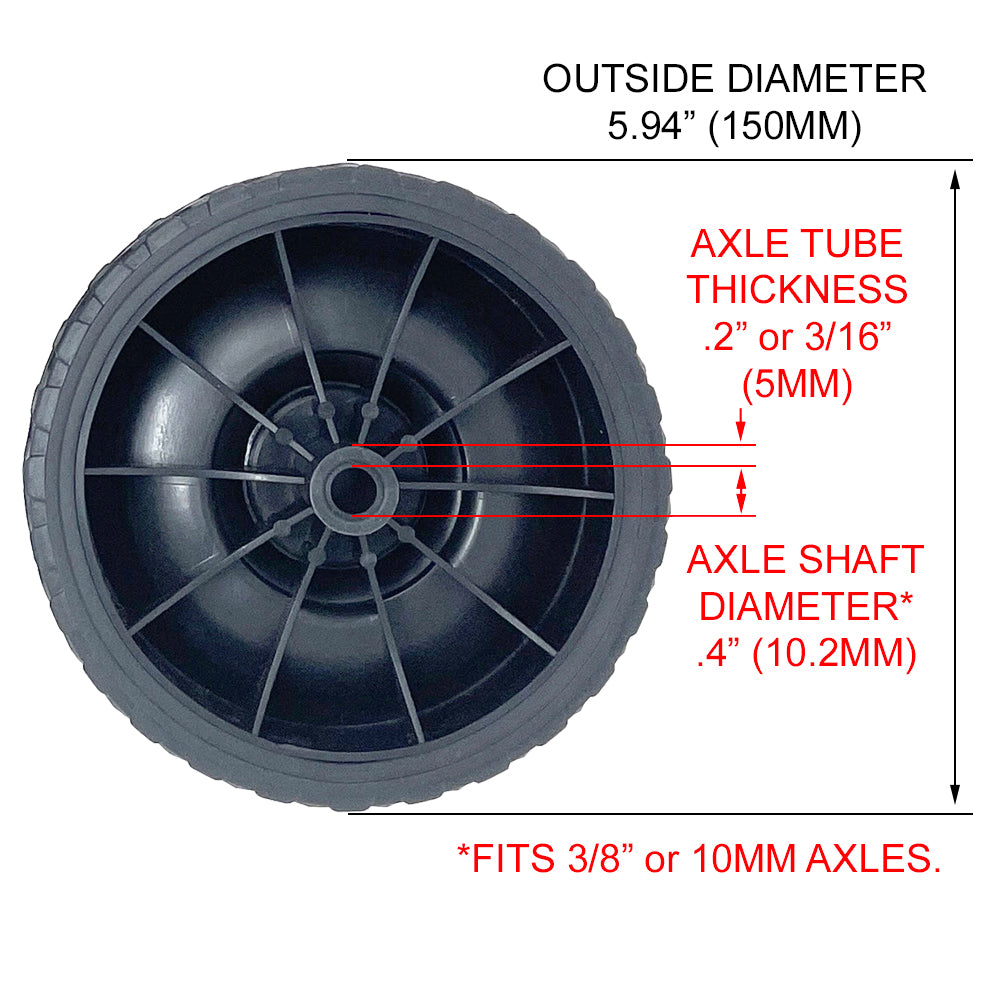 696563 - 2 Wheel Kit, 6" Black Plastic w/Diamond Rubber Tread for 3/8" Axle Shaft, includes Axle Caps